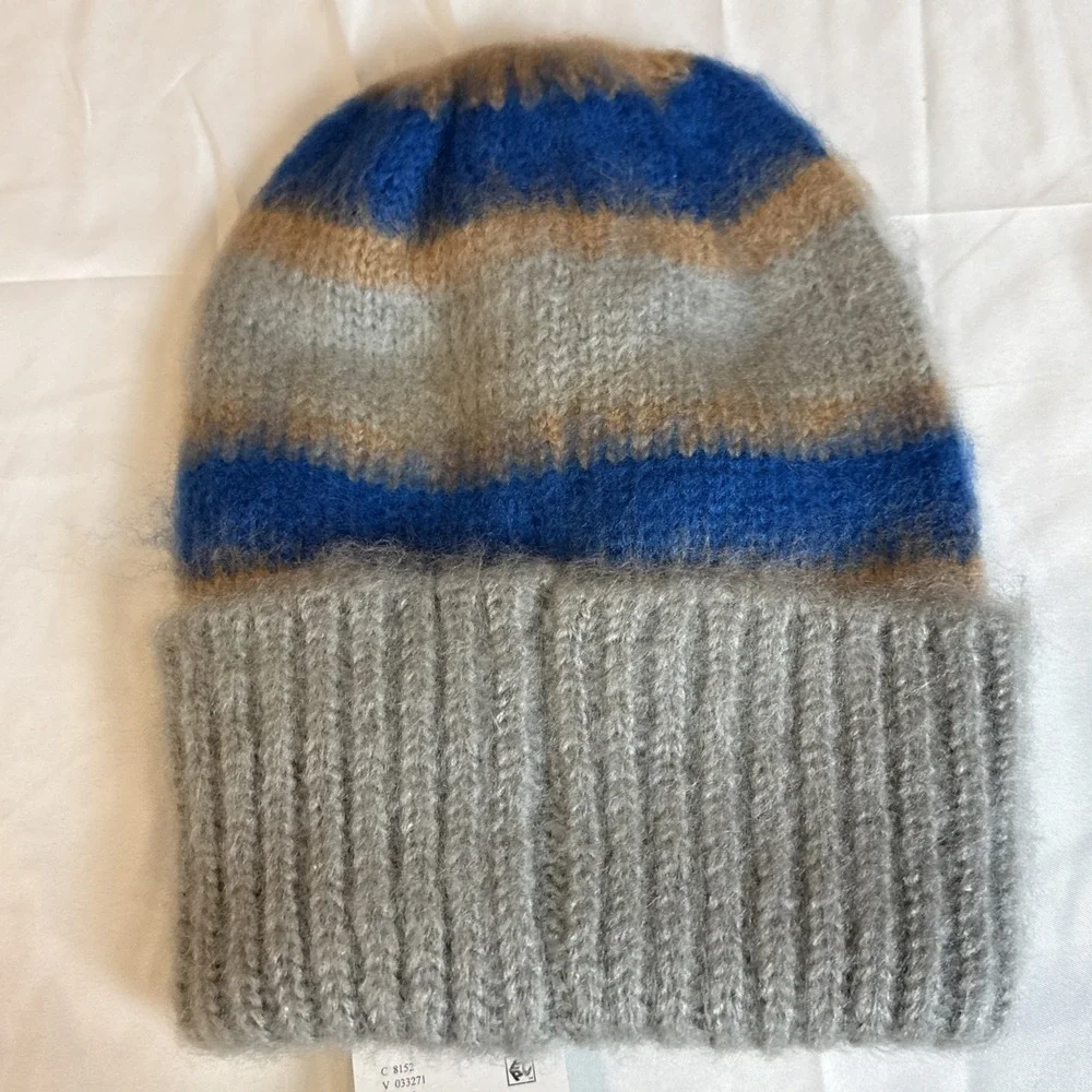 Free People Hat Womens One Size‎ Gray Blue Prep Stripe Knit Beanie Winter